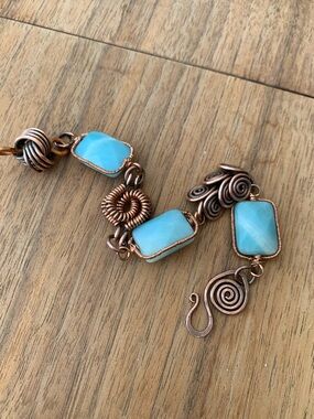 Handmade Copper wire bracelet with aqua color stones